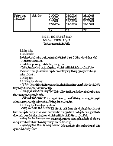 Giáo án Khoa học tự nhiên Lớp 7 (Cánh diều) - Bài 21: Hô hấp tế bào - Năm học 2024-2025