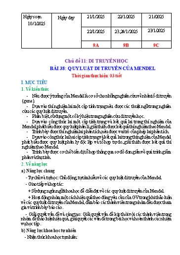 Giáo án Khoa học tự nhiên Lớp 9 (Cánh diều) - Chủ đề 11: Di truyền học - Bài 38: Quy luật di truyền của Mendel - Năm học 2024-2025