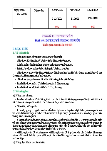 Giáo án Khoa học tự nhiên Lớp 9 (Cánh diều) - Chủ đề 11: Di truyền - Bài 40: Di truyền học người - Năm học 2024-2025