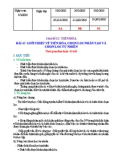 Giáo án Khoa học tự nhiên Lớp 9 (Cánh diều) - Chủ đề 12: Tiến hóa - Bài 42: Giới thiệu về tiến hóa, chọn lọc nhân tạo và chọn lọc tự nhiên - Năm học 2024-2025