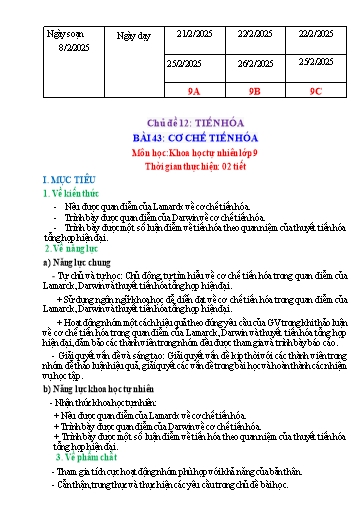 Giáo án Khoa học tự nhiên Lớp 9 (Cánh diều) - Chủ đề 12: Tiến hóa - Bài 43: Cơ chế tiến hóa - Năm học 2024-2025