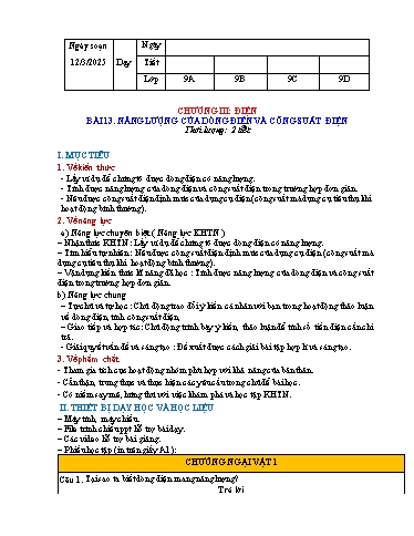 Giáo án Khoa học tự nhiên Lớp 9 (Kết nối tri thức) - Chương III: Điện - Bài 13: Năng lượng của dòng điện và công suất điện