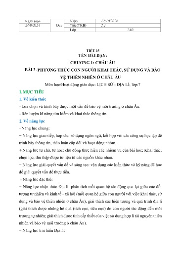 Giáo án Lịch sử và Địa lí Lớp 7 (Chân trời sáng tạo) - Chương 1: Châu Âu - Tiết 15, Bài 3: Phương thức con người khai thác, sử dụng và bảo vệ thiên nhiên ở Châu Âu - Năm học 2024-2025