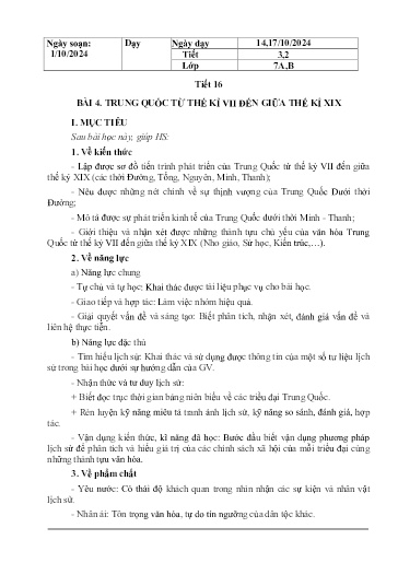 Giáo án Lịch sử và Địa lí Lớp 7 (Kết nối tri thức) - Tiết 16, Bài 4: Trung Quốc từ thế kỉ VII đến giữa thế kỉ XIX - Năm học 2024-2025