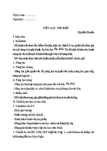 Giáo án Ngữ Văn Lớp 8 (Kết nối tri thức) - Tiết 14+15, Bài: Thu điếu
