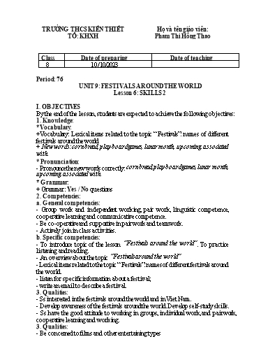 Giáo án Tiếng Anh  7 (Global success) - Unit 9: Festivals around the world - Period 76, Lesson 6: Skills 2 - Phạm Thị Hồng Thao