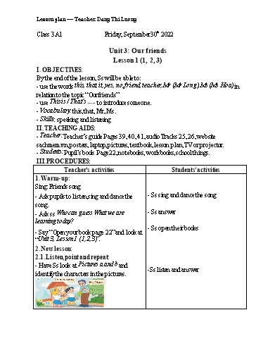 Giáo án Tiếng Anh Lớp 3 - Unit 3: Our friends (Lesson 1) - Năm học 2022-2023 - Đặng Thị Lương