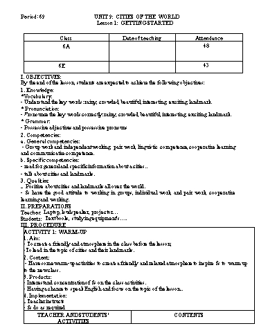 Giáo án Tiếng Anh Lớp 6 (Global success) - Unit 9: Cities of the world - Period 69, Lesson 1: Getting started