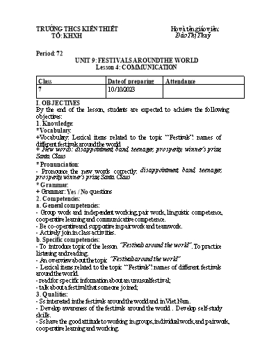 Giáo án Tiếng Anh Lớp 7 (Global success) - Unit 9: Festivals around the world - Period 72, Lesson 4: Communication - Đào Thị Thủy