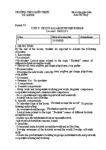 Giáo án Tiếng Anh Lớp 7 (Global success) - Unit 9: Festivals around the world - Period 73, Lesson 5: Skills 1 - Đào Thị Thủy