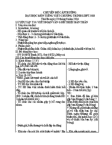 Giáo án Tiếng Việt Lớp 3 (Kết nối tri thức) - Tiết 10, Bài: Luyện tập Viết đoạn văn giới thiệu bản thân - Năm học 2024-2025 - Đỗ Thị Nụ