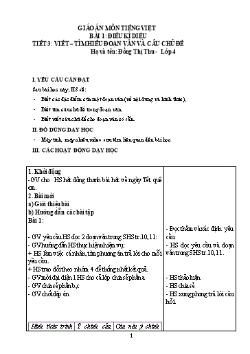 Giáo án Tiếng Việt Lớp 4 (Viết) Sách Kết nối tri thức - Bài 1, Tiết 3: Tìm hiểu đoạn văn và câu chủ đề - Đồng Thị Thu