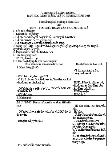 Giáo án Tiếng Việt Lớp 4 (Viết) Sách Kết nối tri thức - Tiết 3: Tìm hiểu đoạn văn và câu chủ đề - Năm học 2024-2025 - Vũ Thị Thu