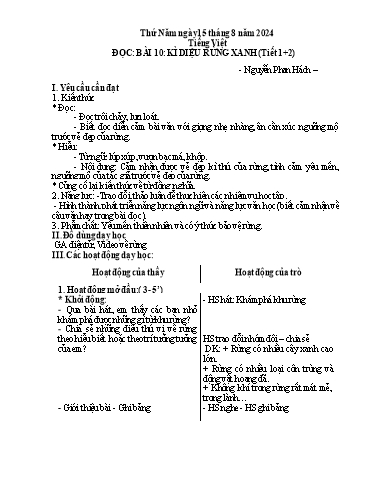 Giáo án Tiếng Việt Lớp 5 (Đọc) Sách Kết nối tri thức - Bài 10: Kì diệu rừng xanh (Tiết 1+2) - Năm học 2024-2025 - Nguyễn Thị Phương