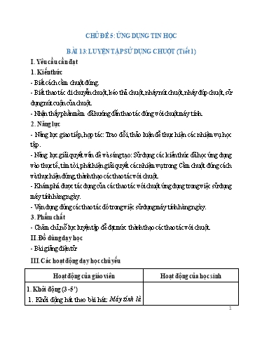 Giáo án Tin học Lớp 3 (Kết nối tri thức) - Chủ đề 5: Ứng dụng Tin học - Bài 13: Luyện tập sử dụng chuột (Tiết 1)