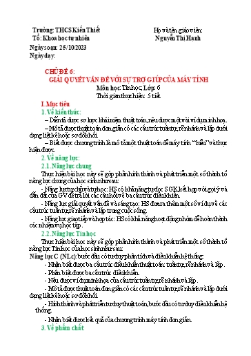 Giáo án Tin Học Lớp 6 (Kết nối tri thức) - Chủ đề 6: Giải quyết vấn đề với sự trợ giúp của máy tính - Năm học 2023-2024 - Nguyễn Thị Hạnh