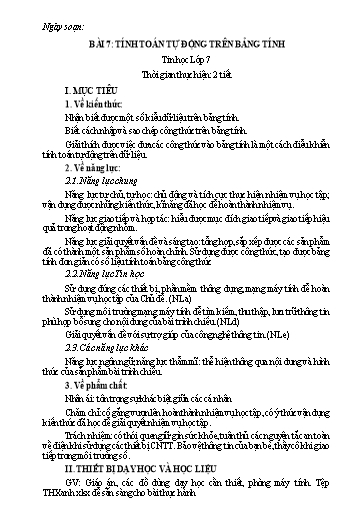 Giáo án Tin học Lớp 7 (Kết nối tri thức) - Bài 7: Tính toán tự động trên bảng tính