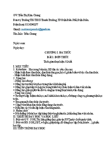 Giáo án Toán 8 (Kết nối tri thức) - Chương I: Đa thức - Bài 1: Đơn thức (2 Tiết) - Trần Thị Kim Chung
