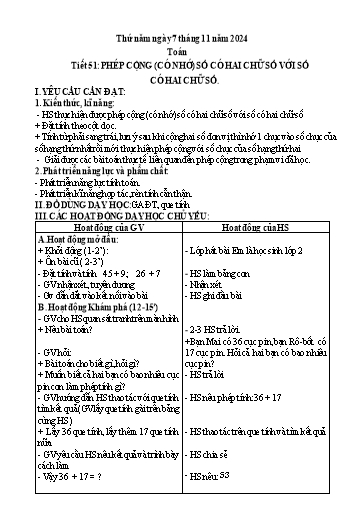 Giáo án Toán Lớp 2 (Kết nối tri thức) - Tiết 51: Phép cộng (Có nhớ) số có 2 chữ số với số có 2 chữ số - Năm học 2024-2025 - Phạm Thị Tâm