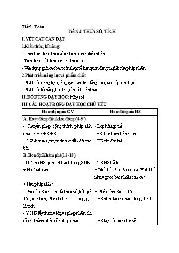 Giáo án Toán Lớp 2 (Kết nối tri thức) - Tiết 94: Thừa số. Tích - Năm học 2024-2025 - Phạm Thị Tâm