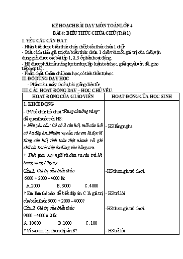 Giáo án Toán Lớp 4 (Kết nối tri thức) - Bài 4: Biểu thức chứa chữ (Tiết 1)