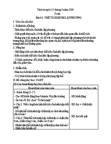 Giáo án Toán Lớp 5 (Kết nối tri thức) - Bài 53: Thể tích hình lập phương - Năm học 2024-2025 - Đỗ Thị Huyền