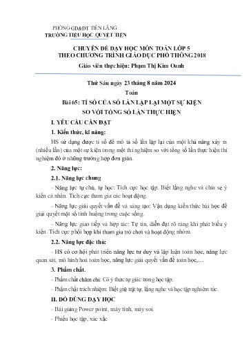 Giáo án Toán Lớp 5 (Kết nối tri thức) - Bài 65: Tỉ số của số lần lặp lại 1 sự kiện so với tổng số lần thực hiện - Năm học 2024-2025 - Phạm Thị Kim Oanh