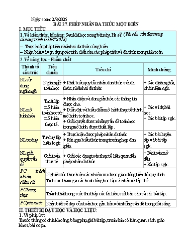 Giáo án Toán Lớp 7 (Kết nối tri thức) - Bài 27: Phép nhân đa thức 1 biến - Năm học 2024-2025