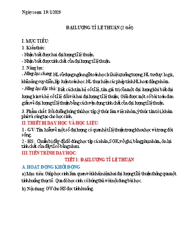 Giáo án Toán Lớp 7 (Kết nối tri thức) - Bài: Đại lượng tỉ lệ thuận (2 Tiết) - Năm học 2024-2025