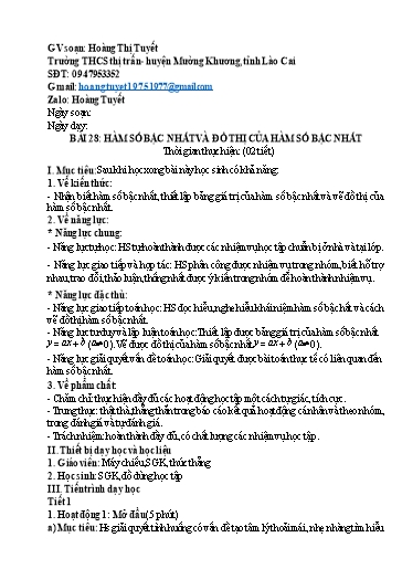 Giáo án Toán Lớp 8 (Kết nối tri thức) - Bài 28: Hàm số bậc nhất bà đô thị của hàm số bậc nhất (2 Tiết) - Hoàng Thị Tuyết