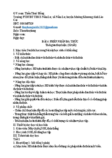 Giáo án Toán Lớp 8 (Kết nối tri thức) - Bài 4: Phép nhân đa thức (2 Tiết) - Thển Thúy Hồng