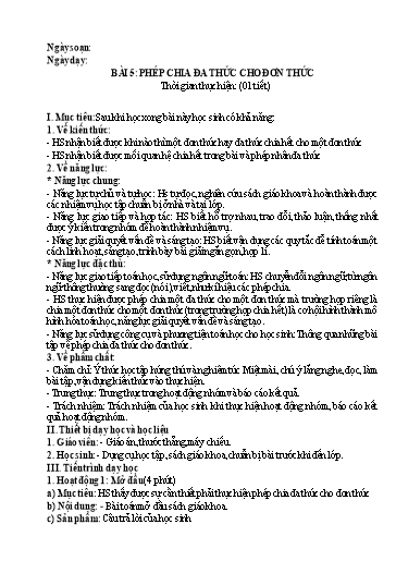 Giáo án Toán Lớp 8 (Kết nối tri thức) - Bài 5: Chia đa thức cho đơn thức (1 Tiết)