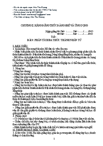 Giáo án Toán Lớp 8 (Kết nối tri thức) - Chương II: Hằng đẳng thức đáng nhớ và ứng dụng - Bài 9: Phân tích đa thức thành nhân tử - Mai Thu Hương