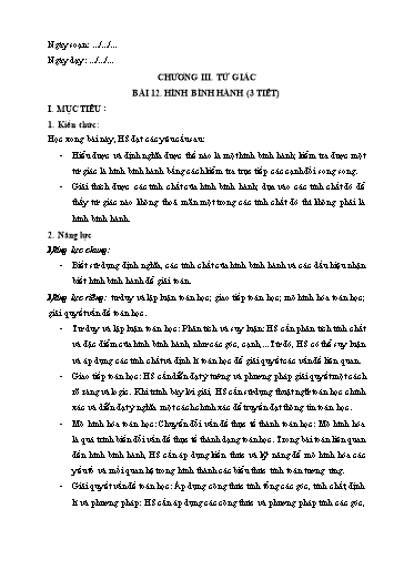 Giáo án Toán Lớp 8 (Kết nối tri thức) - Chương III: Tứ giác - Bài 12: Hình bình hành (3 Tiết)