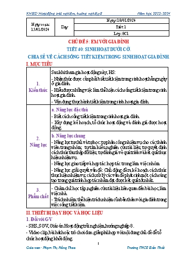 Kế hoạch bài dạy Hoạt động trải nghiệm, hướng nghiệp Lớp 8 (Kết nối tri thức) - Chủ đề 5: Em với gia đình - Tiết 40: Sinh hoạt dưới cờ Chia sẻ về cách sống tiết kiệm trong sinh hoạt gia đình - Năm học 2023-2024 - Phạm Thị Hồng Thao