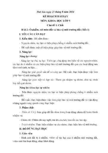 Kế hoạch bài dạy Khoa học Lớp 5 (Kết nối tri thức) - Chủ đề 1: Chất - Bài 2: Ô nhiễm, xói mòn và bảo vệ môi trường (Tiết 1) - Năm học 2024-2025 - Phạm Thị Vân