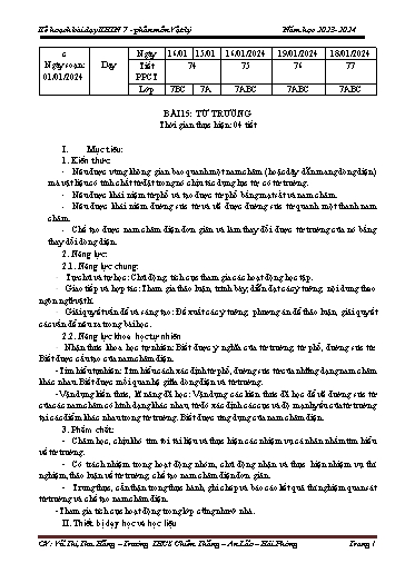 Kế hoạch bài dạy Khoa học tự nhiên Lớp 7 (Cánh diều) - Bài 15: Từ trường - Năm học 2023-2024 - Vũ Thị Thu Hằng