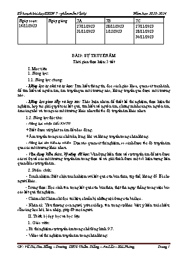 Kế hoạch bài dạy Khoa học tự nhiên Lớp 7 (Cánh diều) - Bài 9: Sự truyền âm - Năm học 2023-2024 - Vũ Thị Thu Hằng