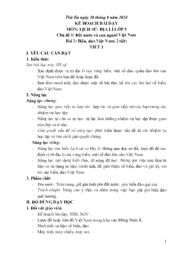 Kế hoạch bài dạy Lịch sử và Địa lí Lớp 5 (Kết nối tri thức) - Chủ đề 1: Đất nước và con người Việt Nam - Bài 3: Biển, đảo Việt Nam (2 Tiết) - Năm học 2024-2025 - Phạm Thị Kim Oanh