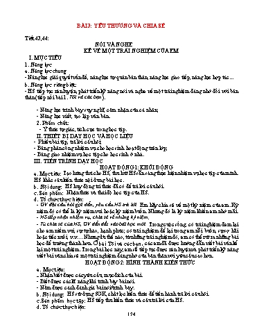 Kế hoạch bài dạy Ngữ văn Lớp 6 (Nói và nghe) Sách Kết nối tri thức - Bài 3: Yêu thương và chia sẻ - Tiết 43+44: Kể về 1 trải nghiệm của em
