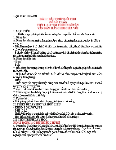 Kế hoạch bài dạy Ngữ văn Lớp 7 (Kết nối tri thức) - Bài 1: Bầu trời tuổi thơ - Tiết 1+2+3: Tri thức Ngữ văn. Văn bản Bầy chìm chìa vôi - Năm học 2024-2025