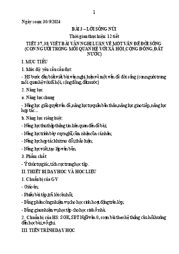 Kế hoạch bài dạy Ngữ văn Lớp 8 (Kết nối tri thức) - Bài 3: Lời sông núi - Tiết 37+38: Viết bài văn nghị luận về 1 vấn đề đời sống (Con người trong mối quan hệ với xã hội, cộng đồng, đất nước) - Năm học 2024-2025