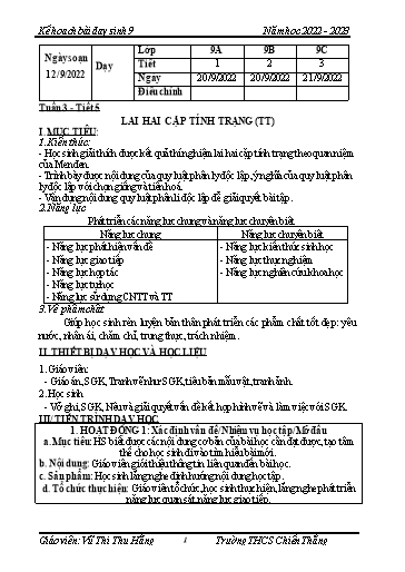 Kế hoạch bài dạy Sinh học Lớp 9 (Kết nối tri thức) - Tuần 3, Tiết 5: Lai 2 cặp tính trạng (Tiếp theo) - Năm học 2024-2025 - Vũ Thị Thu Hằng