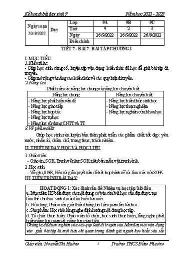 Kế hoạch bài dạy Sinh học Lớp 9 - Tuần 4 - Năm học 2022-2023 - Nguyễn Thị Hường