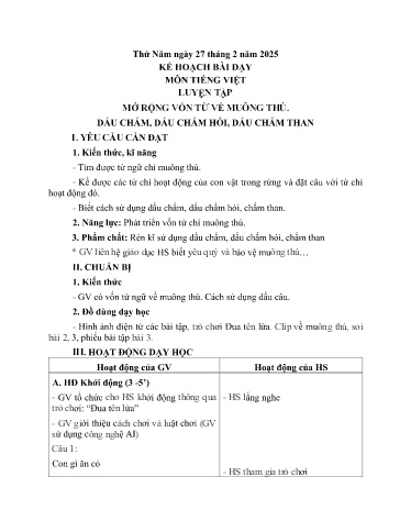 Kế hoạch bài dạy Tiếng Việt Lớp 2 (Kết nối tri thức) - Bài: Luyện tập Mở rộng vốn từ về muông thú. Dấu chấm, dấu chấm hỏi, dấu chấm than - Năm học 2024-2025