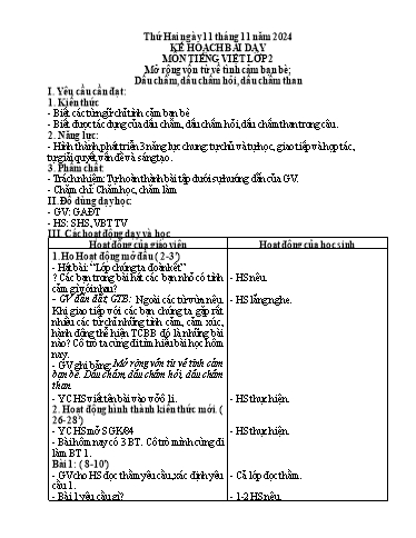 Kế hoạch bài dạy Tiếng Việt Lớp 2 (Kết nối tri thức) - Bài: Mở rộng vốn từ về tình cảm bạn bè. Dấu chấm, dấu chấm hỏi, dấu chấm than - Năm học 2024-2025 - Nguyễn Thanh Thư