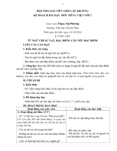Kế hoạch bài dạy Tiếng Việt Lớp 2 (Kết nối tri thức) - Bài: Từ ngữ chỉ sự vật, đặc điểm. Câu nêu đặc điểm - Năm học 2024-2025 - Phạm Thị Phương