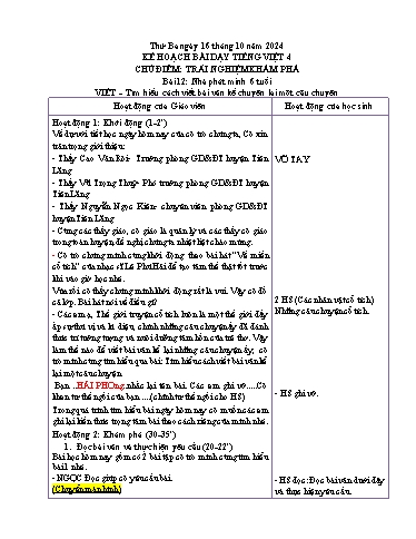 Kế hoạch bài dạy Tiếng Việt Lớp 4 (Viết) Sách Kết nối tri thức - Chủ điểm: Trải nghiệm khám phá - Bài 12: Nhà phát minh 6 tuổi. Tìm hiểu cách viết bài văn kể chuyện lại 1 câu chuyện - Năm học 2024-2025 - Nguyễn Thị Én