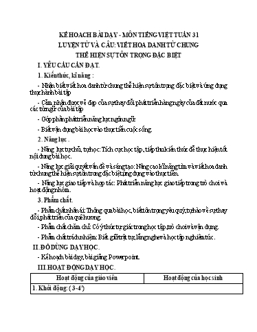 Kế hoạch bài dạy Tiếng Việt Lớp 5 (Luyện từ và câu) Sách Kết nối tri thức - Tuần 31, Bài: Viết hoa danh từ chung thể hiện sự tôn trọng đặc biệt