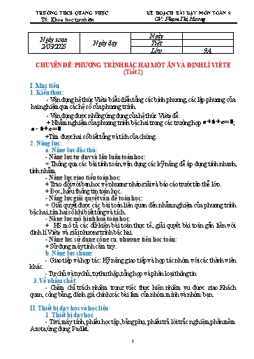Kế hoạch bài dạy Toán 9 - Chuyên đề: Phương trình bậc 2 1 ẩn và định lí Vi-et (Tiết 2) - Năm học 2024-2025